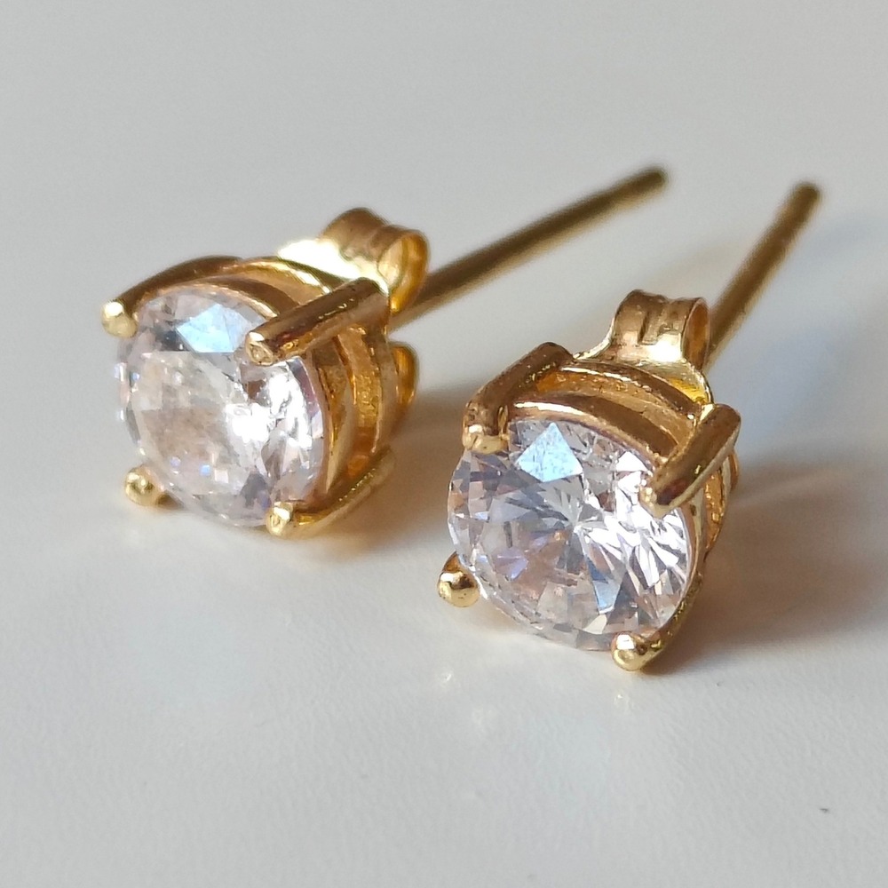 Vintage FAS 925 Sterling Silver Gold Plated Round Clear Stone Stud Earrings 5mm